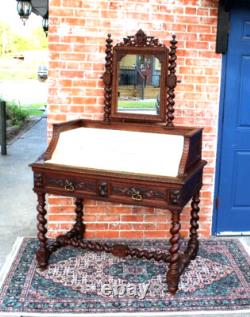 French Antique Louis XIII Oak Washstand Marble Top Vanity Dresser with Mirror