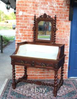 French Antique Louis XIII Oak Washstand Marble Top Vanity Dresser with Mirror