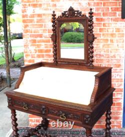 French Antique Louis XIII Oak Washstand Marble Top Vanity Dresser with Mirror