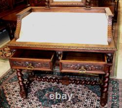 French Antique Louis XIII Oak Washstand Marble Top Vanity Dresser with Mirror