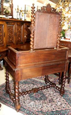French Antique Louis XIII Oak Washstand Marble Top Vanity Dresser with Mirror