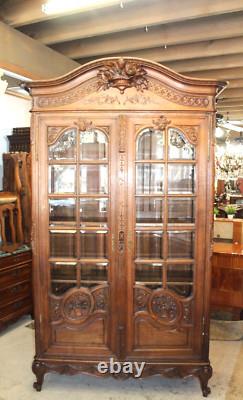 French Antique Normandy Oak Louis XV 2 Door Armoire Bookcase / Display Cabinet