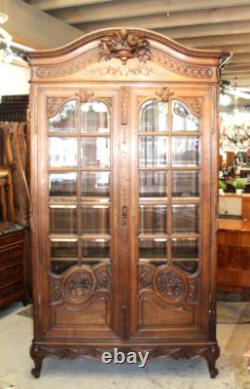 French Antique Normandy Oak Louis XV 2 Door Armoire Bookcase / Display Cabinet