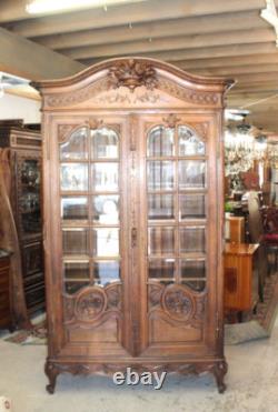 French Antique Normandy Oak Louis XV 2 Door Armoire Bookcase / Display Cabinet