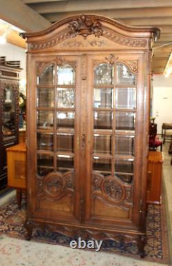 French Antique Normandy Oak Louis XV 2 Door Armoire Bookcase / Display Cabinet