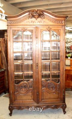 French Antique Normandy Oak Louis XV 2 Door Armoire Bookcase / Display Cabinet