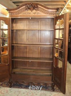 French Antique Normandy Oak Louis XV 2 Door Armoire Bookcase / Display Cabinet