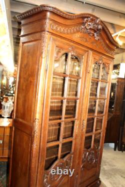 French Antique Normandy Oak Louis XV 2 Door Armoire Bookcase / Display Cabinet