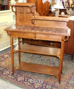French Antique Oak Art Nouveau Sideboard Server Marble Top & Shelves