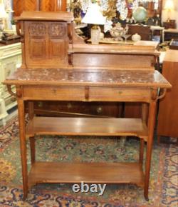 French Antique Oak Art Nouveau Sideboard Server Marble Top & Shelves