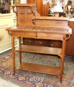 French Antique Oak Art Nouveau Sideboard Server Marble Top & Shelves
