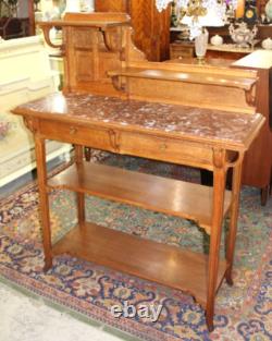 French Antique Oak Art Nouveau Sideboard Server Marble Top & Shelves