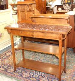 French Antique Oak Art Nouveau Sideboard Server Marble Top & Shelves