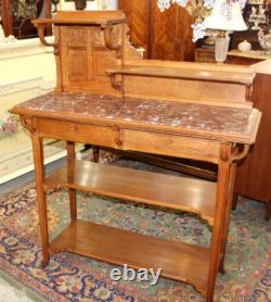 French Antique Oak Art Nouveau Sideboard Server Marble Top & Shelves