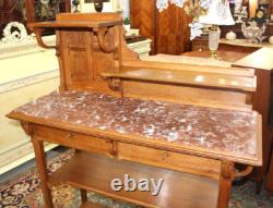 French Antique Oak Art Nouveau Sideboard Server Marble Top & Shelves