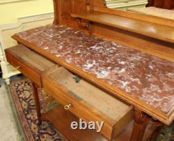 French Antique Oak Art Nouveau Sideboard Server Marble Top & Shelves