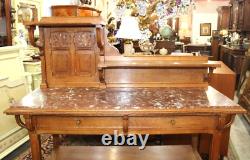 French Antique Oak Art Nouveau Sideboard Server Marble Top & Shelves