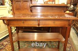 French Antique Oak Art Nouveau Sideboard Server Marble Top & Shelves