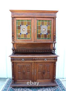 French Antique Oak Stained Glass Renaissance Buffet / Hutch