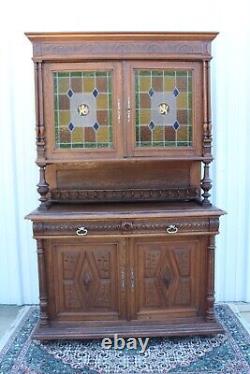 French Antique Oak Stained Glass Renaissance Buffet / Hutch