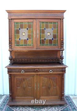 French Antique Oak Stained Glass Renaissance Buffet / Hutch