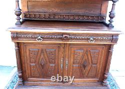 French Antique Oak Stained Glass Renaissance Buffet / Hutch