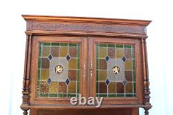 French Antique Oak Stained Glass Renaissance Buffet / Hutch