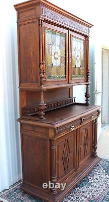 French Antique Oak Stained Glass Renaissance Buffet / Hutch