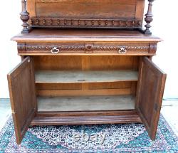 French Antique Oak Stained Glass Renaissance Buffet / Hutch