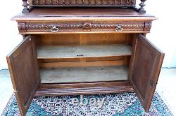 French Antique Oak Stained Glass Renaissance Buffet / Hutch