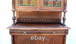 French Antique Oak Stained Glass Renaissance Buffet / Hutch