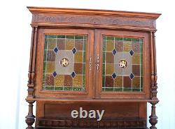 French Antique Oak Stained Glass Renaissance Buffet / Hutch