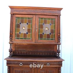 French Antique Oak Stained Glass Renaissance Buffet / Hutch