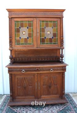 French Antique Oak Stained Glass Renaissance Buffet / Hutch