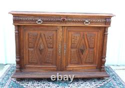 French Antique Oak Stained Glass Renaissance Buffet / Hutch