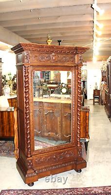 French Antique Oak Wood Renaissance Style Mirrored 1 Door Armoire