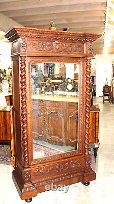 French Antique Oak Wood Renaissance Style Mirrored 1 Door Armoire