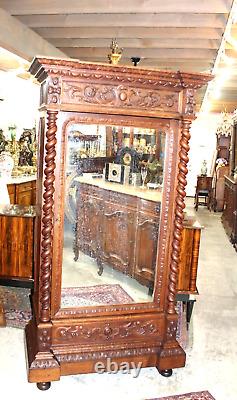 French Antique Oak Wood Renaissance Style Mirrored 1 Door Armoire