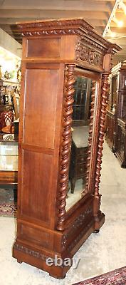 French Antique Oak Wood Renaissance Style Mirrored 1 Door Armoire