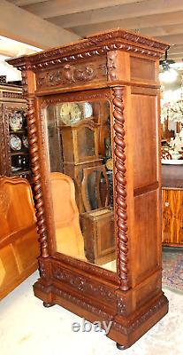 French Antique Oak Wood Renaissance Style Mirrored 1 Door Armoire