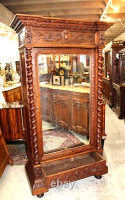 French Antique Oak Wood Renaissance Style Mirrored 1 Door Armoire