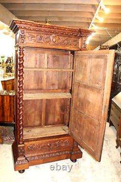 French Antique Oak Wood Renaissance Style Mirrored 1 Door Armoire