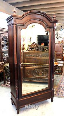 French Antique Rose Wood Louis XVI Style Beveled Mirror 1 Door Armoire