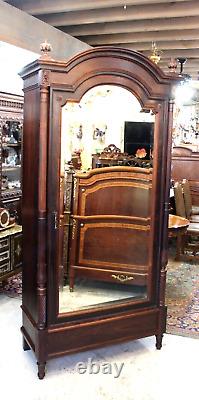 French Antique Rose Wood Louis XVI Style Beveled Mirror 1 Door Armoire