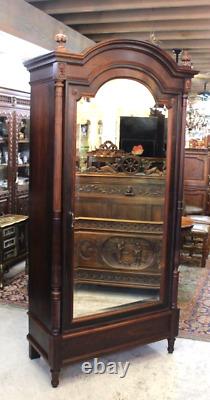 French Antique Rose Wood Louis XVI Style Beveled Mirror 1 Door Armoire