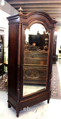 French Antique Rose Wood Louis XVI Style Beveled Mirror 1 Door Armoire