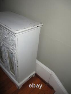 French Country Ornate Carved Vintage Shabby Chic Accent Cabinet w Painted Doors
