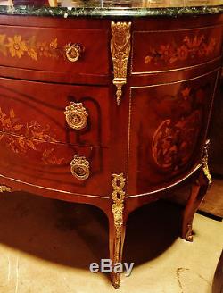 French Louis Style Demi Lune Cabinet Consule Chest Of Drawers, Inlaid Marble Top
