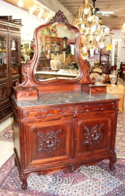 French Louis XV Mahogany Marble Top Dresser / Chest Of Drawer Cabinet