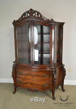 French Louis XV Style Vintage Custom Flame Mahogany Bow Glass China Cabinet